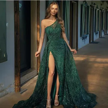 2023 אופנה נוצצת נוצה צד שסף נשים שמלת קיץ נקבה כתף אחת הרשמית לאירוע שמלת מסיבת בנות, ערב Vestidos