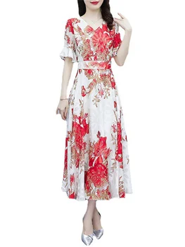 2023 קיץ חדש V-צוואר שיפון שמלה רקומה של נשים Slim Fit נופש גדול שולי שמלה ארוכה