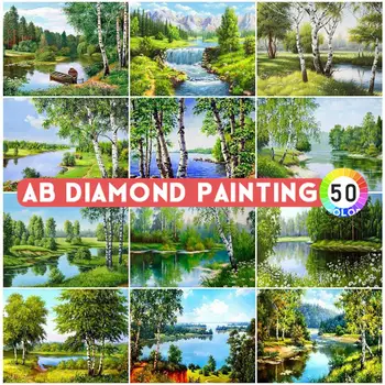 AB מקדחות יהלום ציור 5D רקמה תמונת עץ Rhinestones נוף אגם קריסטל פסיפס עיצוב מדבקות קיר אמנות קיט