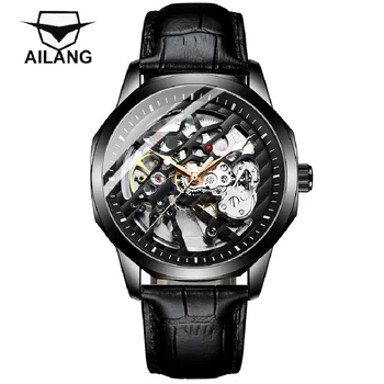 AILANG 2023 עמיד למים זוהר מכאני שעון אופנה עור שחור רצועה עסקים שעונים של גברים Steampunk אוטומטית שעונים