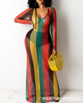 Colorblock רשת עיצוב עם הכיפה לכסות שמלת נשים סקסית Bodycon עם שרוולים ארוכים אביב קיץ שמלה סלים או הצוואר.