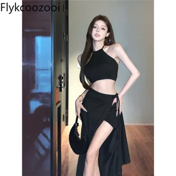 Flykcoozooi טהור סקסי חצאיות להגדיר את הקולר שרוולים קצרים Camis גבוהה המותניים פיצול סדיר קו החצאית הארוכה אביב שני חתיכת קבוצה