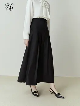 FSLE המותניים חוש עיצוב נשים שחור ארוך קפלים החצאית נוסעים פשוט הקרסול חצאיות קפלים האביב גבוהה המותניים חופשי חצאית