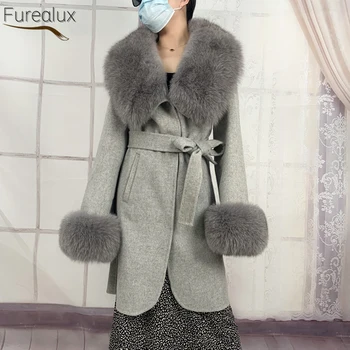 FUREALUX אופנה מעיל הצמר עם טבע אמיתי פרוות שועל צווארון מגמה באיכות גבוהה עבה חם נשים סגנון רחוב סגנון חדש