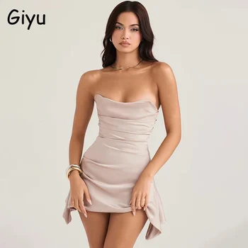 Giyu סקסי שמלת סאטן מועדון שמלות ערב נשים 2023 הקיץ ללא שרוולים מחשוף גב Ruched מיני חלוק נשי Bodycon סלים Vestidos