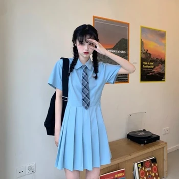 Heydress 2021 הקיץ הצווארון להנמיך מוצק בחורה גבוהה המותניים הלבוש היפני Harajuku prepply סגנון פשוט עם קפלים שמלה
