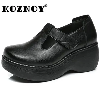 Koznoy 6cm נשים עקבים קיץ אופנה פלטפורמה גבירותיי יוקרה טריז משאבות רטרו הוק טבעי פרה עור אמיתי נעלי נשים
