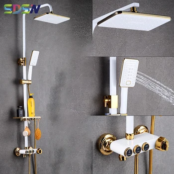 Thermostatic מקלחת ערכת זהב לבן חדר מקלחת מערכת פליז מוצק אמבטיה מקלחת ברז גשמים Thermostatic מקלחת להגדיר