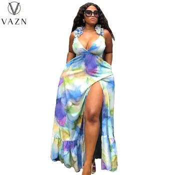 VAZN 2023 V-צוואר באורך רצפת שמלה סקסית סגנון רחוב שמלה ארוכה הנשים שמלה ארוכה שרוולים מודפסים פתוח מזלג השמלה
