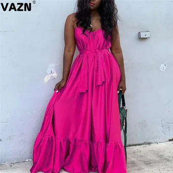 VAZN מיוחד 2020 קיץ סקסי ליידי 3 צבעים מוצקים זמן שמלת נשף שמלת ספגטי רצועת מדורגים ruffles השמלה שמלת החג