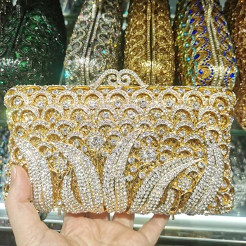 XIYUAN החדש מתכת זהב לבן, קריסטל ריינסטון ערב תיק מצמד אופנה של נשים Gemsotne יהלום מסיבת חתונה מצמדים ארנקים