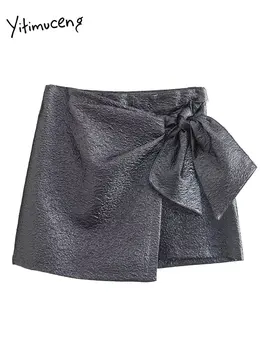 Yitimuceng אלגנטי מכנסיים קצרים חצאיות לנשים 2023 חדש עם קו מותן גבוה מוצק קשת אופנה מכנסיים קצרים בנות רחוב מזדמן Y2k קצרים.