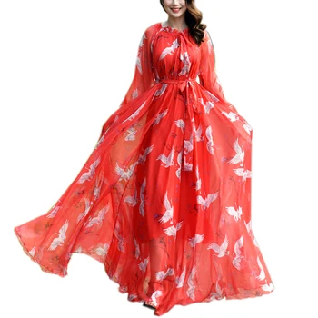 אופנה בוהו הדפסת שיפון חוף שמלת מקסי קו השרוול הארוך של נשים שמלת מסיבת המוסלמים Abaya הערבי נסיעות צילום צילום אדום