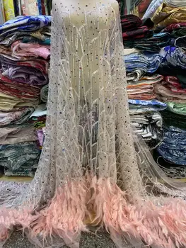 אופנה ג ' יי-1302404 אפריקה תחרה בד פייטים, נוצות רשת רקמה, חרוזים חתונה כלה בדים באיכות גבוהה שרוכי השמלה