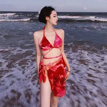בגדי ים נשים סקסי עצמית טיפוח הדפסה גודל החזה אסף פיצול משולש ביקיני שלוש חתיכת קבוצה בגדי ים בנות קוריאה