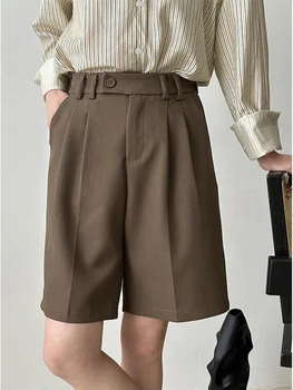 גבוהה המותניים חליפת מכנסיים קצרים לנשים 2023 הקיץ מוצק A-Line סלים מקרית רופף רחב הרגל מכנסיים קצרים משרד ליידי