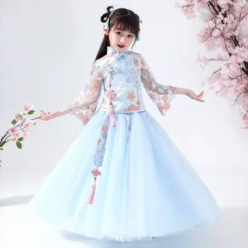 האן-פו 2PCS בנות רקום תחרה פרח ילדה שמלות סיני כחול cheongsam התינוק סינית מסורתית בגדים vestido סינית