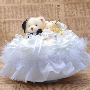 המערבי החתונה Cuople הדוב הלבן כרית טבעת לב בצורת פרח רוז החתן והכלה כרית טבעת הנישואין אביזרים