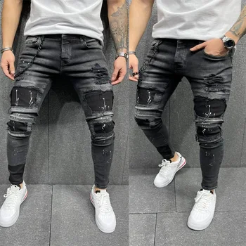 הצבע השחור של האופנה הגברים קרע הדפס ג 'ינס תיקון סגנון למתוח סקיני ג' ינס רגליים קטנות החדש באיכות גבוהה של גברים מכנסי ג ' ינס.