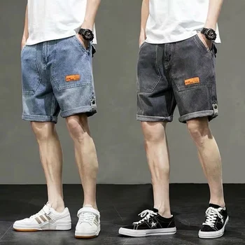 הקיץ של גברים שחררו חמישה חלקים ג 'ינס מכנסיים קצרים מזדמנים אלסטי המותניים חור למתוח קוריאני אופנה ג' ינס מכנסיים קצרים לגברים