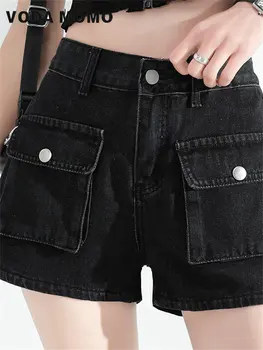 חדשות אופנה הקיץ כיסים חופשי וינטג 'ינס קצר גבירותיי רחוב רחב הרגל המכנסיים הפנאי מותניים צרים. ישר ג' ינס נשים