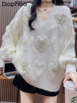 חורף סתיו כבד לב צורת יהלום חמוד לבן נוצות סרוגים סרק בסגנון קוריאני חופשי מנופחים סוודר עליון נשים