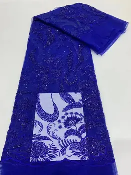 כחול מלכותיcolor בעבודת יד תחרה אפריקה הצרפתית תחרה בד 2022 באיכות גבוהה חרוזים גאנה תחרה עבור הניגרי תחרה, בדים שמלת מסיבת