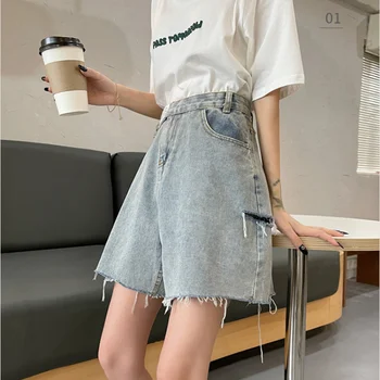 מכנסיים קצרים נשים מכנסי ג ' ינס קצרים של נשים קיץ אופנה סגנון קוריאני נקרע צינור ישרה מכופתרת גבוהה המותניים סלים מכנסיים ההגירה Y2k