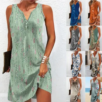 נשים האופנה הקיץ של צוואר V מזדמן אלגנטי אפוד שמלת פרחוני הדפסה Y2k בציר Vestidos שרוולים מסיבת חוף שמלות בוהו.