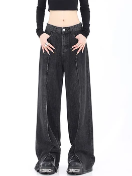 נשים עיצוב לפצל ג 'ינס מכנסיים ארוכים Harajuku Y2k באגי ג' ינס רחב הרגל המכנסיים גותי אופנת רחוב 2000 אסתטי חופשי מזדמן