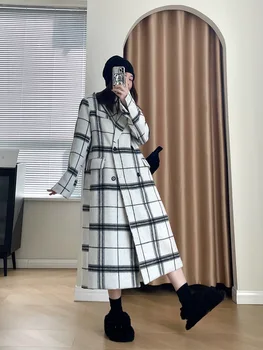 צמר מזג מרופד צבעוני המעיל של נשים 2023 חורף אופנה חדשה ואווירה רשת אדום קוריאני רופף ארוך חליפה