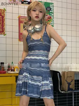 שמלות נשים קיץ קו-מיני פסים ספגטי רצועה V-צוואר Vestidos סקסי אסתטי, מסוגנן מקסים חינני בסגנון קוריאני ההגירה