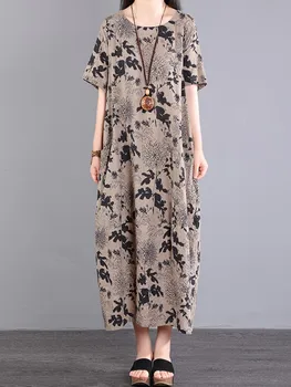 שרוול קצר מנופחים כותנה פשתן בציר שמלות פרחוניים עבור נשים מזדמנים רופף זמן קיץ שמלת אישה בגדים אלגנטיים 2023