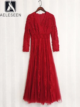 AELESEEN מעצב אופנה נשים שמלת האביב קיץ 3D אפליקציות V-צוואר אדום שחור פרחים רקמה אלגנטית מקסי מסיבת חופשה