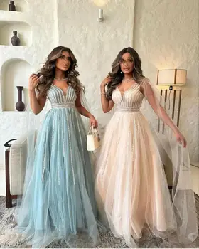 אופנה רשמית אירוע שמלות נשים של אופנה מהממת V-צוואר באורך רצפת טול חרוזים עיצוב יכול להיות מותאם אישית שמלות נשף