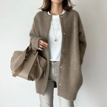 חורף נשים סוודר קרדיגן צמר מקרית קוריאני נשי מעיל לסרוג חולצות ארוכות להאריך ימים יותר בגדים חמים חאקי רגיל הגברת סוודר