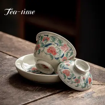 כלי חרס קליי Gaiwan סינית בסגנון רטרו כחול לבן תה Tureen כוס תה קרמיקה שלוש ברמה לכסות את הקערה קונג פו ערכת תה