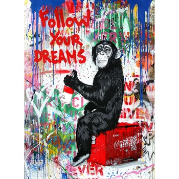 רחוב השרבוט אחרי החלומות שלך קוף מצחיק פופ בד אמנות קיר על ידי הו אלי לילי עבור סלון לעיצוב הבית, מתנה נהדרת